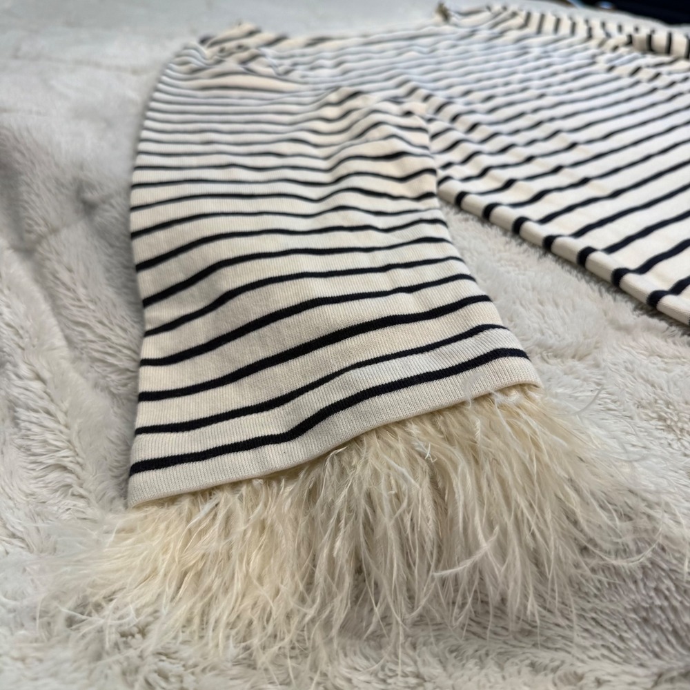 Talbots Ostrich Feather Cuff XL Navy Ivory Stripe Cotton Boat Neck Quiet Luxury